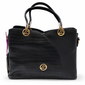 Classic Black Leatherette Satchel with Croc-Embossed Panel & Gold Hardware