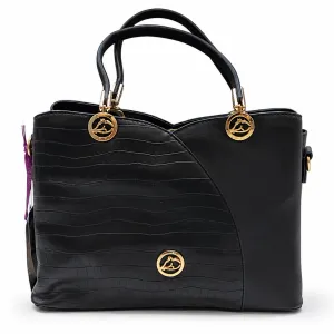 Classic Black Leatherette Satchel with Croc-Embossed Panel & Gold Hardware