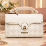 ANGELPOLO Cream Off-White Quilted Top-Handle Satchel with Turn-Lock Closure