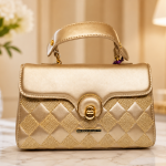 ANGELPOLO Champagne Gold Quilted Top-Handle Satchel with Turn-Lock Closure