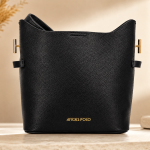 ANGEL POLO Black Textured Leatherette Bucket Bag with Gold Hardware