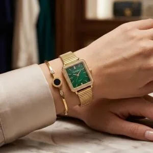 Ceshdun Luxury Green Dial Rectangular Watch & Gold Bracelet Set MS Department Store Oman
