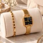 Ceshdun Women’s Black Dial Gold-Tone Square Watch & Gold Crystal Bracelet Set