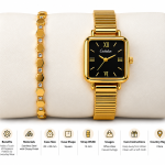 Ceshdun Women’s Black Dial Gold-Tone Square Watch & Gold Crystal Bracelet Set