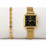 Ceshdun Women’s Black Dial Gold-Tone Square Watch & Gold Crystal Bracelet Set