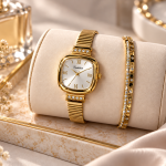 Ceshdun Women's White Dial Gold-Tone Square Watch with Stone-Studded Bangle Gift Set