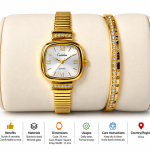 Ceshdun Women's White Dial Gold-Tone Square Watch with Stone-Studded Bangle Gift Set
