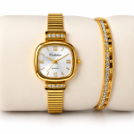Ceshdun Women's White Dial Gold-Tone Square Watch with Stone-Studded Bangle Gift Set