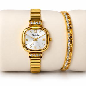 Ceshdun Women's White Dial Gold-Tone Square Watch with Stone-Studded Bangle Gift Set