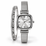 Ceshdun Women's Silver Dial Silver-Tone Square Watch with Stone-Studded Bangle Gift Set