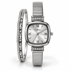 Ceshdun Women's Silver Dial Silver-Tone Square Watch with Stone-Studded Bangle Gift Set