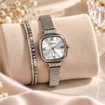 Ceshdun Women's Silver Dial Silver-Tone Square Watch with Stone-Studded Bangle Gift Set