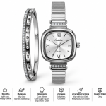 Ceshdun Women's Silver Dial Silver-Tone Square Watch with Stone-Studded Bangle Gift Set