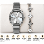 Ceshdun Women’s Silver Dial Silver-Tone Square Watch & Floral Crystal Bracelet Set