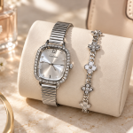 Ceshdun Women’s Silver Dial Silver-Tone Square Watch & Floral Crystal Bracelet Set