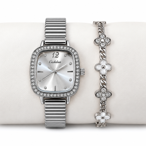 Ceshdun Women’s Silver Dial Silver-Tone Square Watch & Floral Crystal Bracelet Set