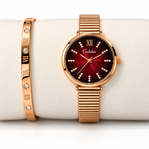 Ceshdun Women's Red Dial Rose Gold-Tone Watch with Stone-Studded Bangle Gift Set
