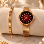 Ceshdun Women's Red Dial Rose Gold-Tone Watch with Stone-Studded Bangle Gift Set