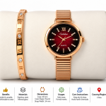Ceshdun Women's Red Dial Rose Gold-Tone Watch with Stone-Studded Bangle Gift Set