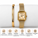 Ceshdun Women’s Champagne Dial Gold-Tone Square Watch & Crystal Bracelet Set