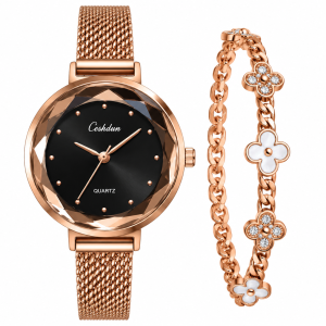 Ceshdun Women’s Black Dial Rose Gold Mesh Watch & Floral Bracelet Set