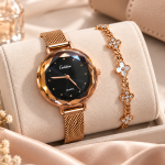 Ceshdun Women’s Black Dial Rose Gold Mesh Watch & Floral Bracelet Set