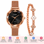Ceshdun Women’s Black Dial Rose Gold Mesh Watch & Floral Bracelet Set
