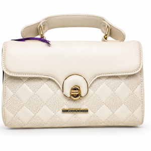 ANGELPOLO Cream Off-White Quilted Top-Handle Satchel with Turn-Lock Closure