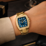 Women'S Tonneau Quartz Watch -Gold Stainless Steel Link Strap, Crystal Bezel & Teal Dial MS Department Store Oman