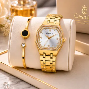Ceshdun Elegant Octagonal Gold-Tone Women’S Wristwatch & Bracelet MS Department Store Oman