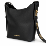 MICHAEL KORS Black Pebbled Leather Bucket Shoulder Bag with Gold Hardware