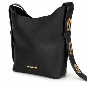 MICHAEL KORS Black Pebbled Leather Bucket Shoulder Bag with Gold Hardware