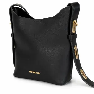 MICHAEL KORS Black Pebbled Leather Bucket Shoulder Bag with Gold Hardware