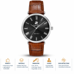 Beverly Hills Polo Club Slim Tech 5 Men's Black Dial Silver-Tone Case Brown Leather Strap Watch