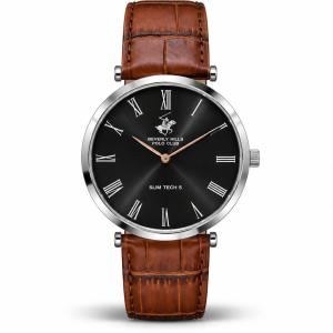 Beverly Hills Polo Club Slim Tech 5 Men's Black Dial Silver-Tone Case Brown Leather Strap Watch