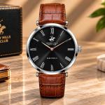 Beverly Hills Polo Club Slim Tech 5 Men's Black Dial Silver-Tone Case Brown Leather Strap Watch
