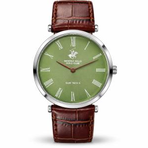 Beverly Hills Polo Club Slim Tech 5 Men's Green Dial Silver-Tone Case Brown Leather Strap Watch