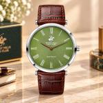 Beverly Hills Polo Club Slim Tech 5 Men's Green Dial Silver-Tone Case Brown Leather Strap Watch