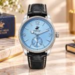 Beverly Hills Polo Club Men's Light Blue Dial Silver-Tone Case Black Leather Strap Watch