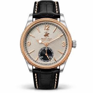 Beverly Hills Polo Club Men's Silver Dial Rose Gold & Silver-Tone Case Black Leather Strap Watch