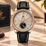 Beverly Hills Polo Club Men's Silver Dial Rose Gold & Silver-Tone Case Black Leather Strap Watch