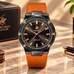 Beverly Hills Polo Club Slim Tech 5 Men's Black & Rose Gold Dial Tan Brown Strap Watch