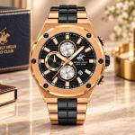 Beverly Hills Polo Club Men's Black Dial Rose Gold & Black Stainless Steel Multifunction Watch