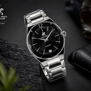Beverly Hills Polo Club Black Faceted Dial Silver-Tone Diamond Watch MS Department Store Oman