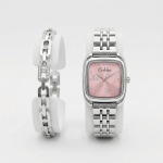 Ceshdun Women’S Silver Tone Square Quartz Watch Set With Pink Dial & Crystal Link Bracelet MS Department Store Oman