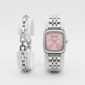 Ceshdun Women’S Silver Tone Square Quartz Watch Set With Pink Dial & Crystal Link Bracelet MS Department Store Oman