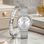 Ceshdun Silver-Tone Women’S Round Wristwatch & Bracelet Set With Champagne Dial & Textured Strap MS Department Store Oman