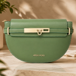ANGEL POLO Olive Green Half-Moon Crossbody Bag with Gold Bar Lock