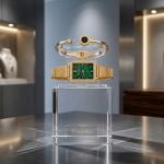 Ceshdun Luxury Green Dial Rectangular Watch & Gold Bracelet Set MS Department Store Oman