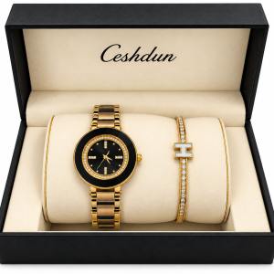 Ceshdun Women’s Black and Gold-Tone Stone-Set Watch and Bangle Gift Set MS Department Store Oman